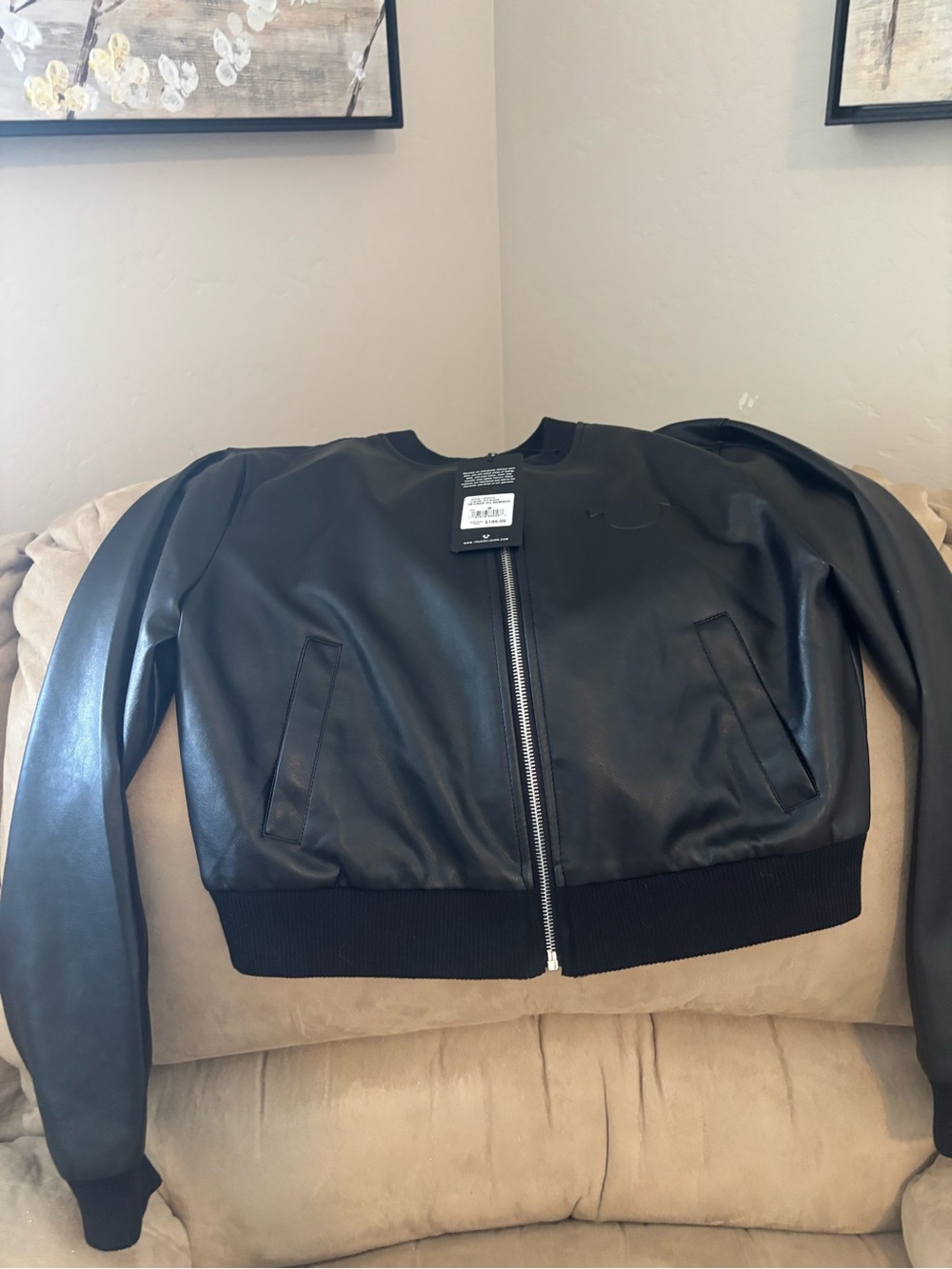 True Religion Black Faux Leather Bomber Jacket